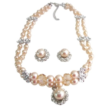 NSC201 Genuine Swarovski Peach Crystals & Peach Pearls Handcrafted Custom Jewelry Necklace