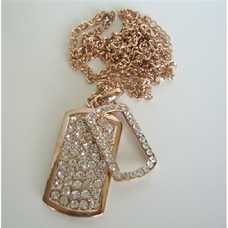 HH093 Copper Double Dog Tag Hip Hop Necklace Ice Shimmering w/ CZ 28 Inches