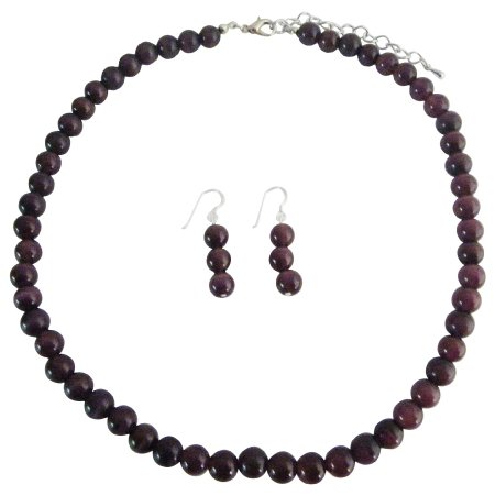 NS365 Handcrafted Genuine Purple Cat Eye 8mm Faceted Beads Necklace w/ Sterling Silver Earrings