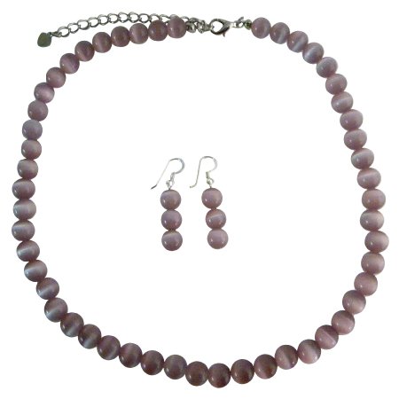 NS468 Purple Cats Eye Stone 6mm Bead Necklace Set w/ Sterling Silver Earrings
