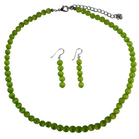 NS470 Green Cat Eye Jewelry 6mm Green Cat Eye Beaded Necklace & Sterling Silver Earrings Set