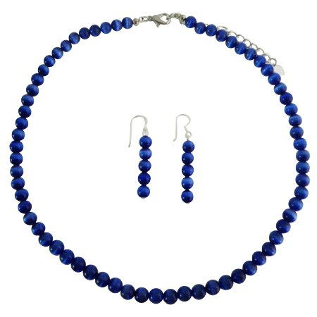 NS471 6mm Cat Eye Necklace Set Royal Blue Sterling Silver Necklace Set Handmade Beaded Jewelry