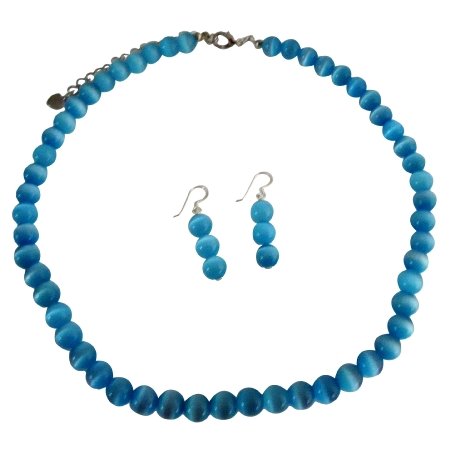 NS393 Beautiful Blue Jewelry Blue Cat Eye Necklace w/ Sterling Silver Earrings Custom Jewelry
