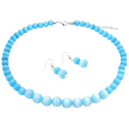 NS368 Sterling Silver Genuine Beautiful Turquoise Cat Eye 8mm 12mm Necklace & Earrings