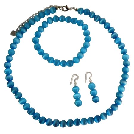 NS394 Soothing Blue Cat Eye Necklace Stretchable Bracelet & Sterling Earrings Custom Jewelry