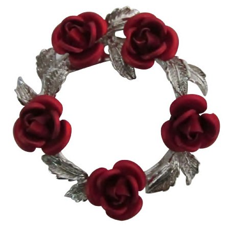 B595 Red Rose Silver Tone Wreath Brooch