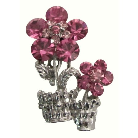 B611 Magnificent Pink Crystals Rose Vase Brooch