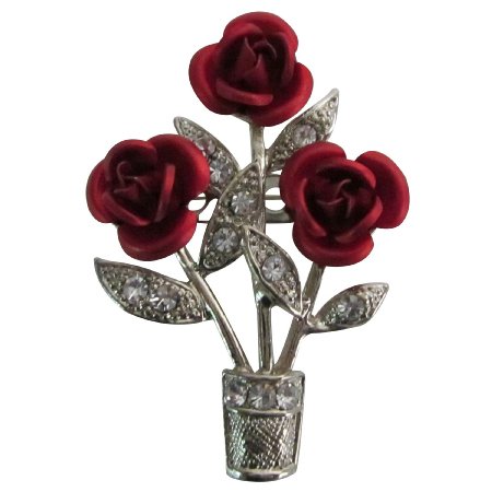 B597 Exotic Stunning Beautiful Red Roses Vase Brooch