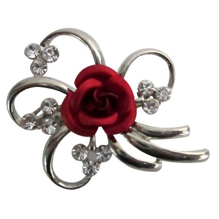 B594 Valentine Cake Brooch Silver Metal W/ One Red Rose