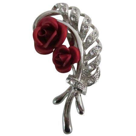 B596 Beautiful Bouquet Leaf Red Roses Fascinated Brooch