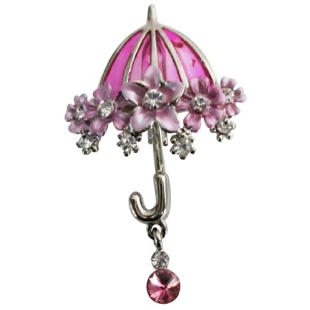 B601 Filgree Hand Painted Pink Flowers Crystals Brooch