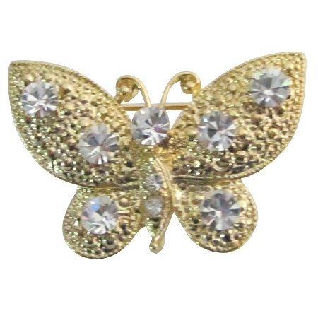 B605 Breathtaking Brooch Golden Butterfly With Clear Crystals