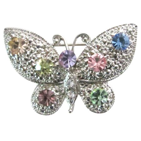 B604 Vintage Multicolor Rhinestones Butterfly Brooch