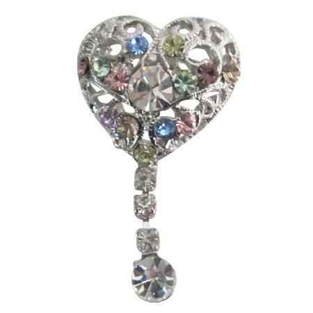 B609 Heart Shaped Brooch Multicolor Crystals Dangling Celebrity Brooch