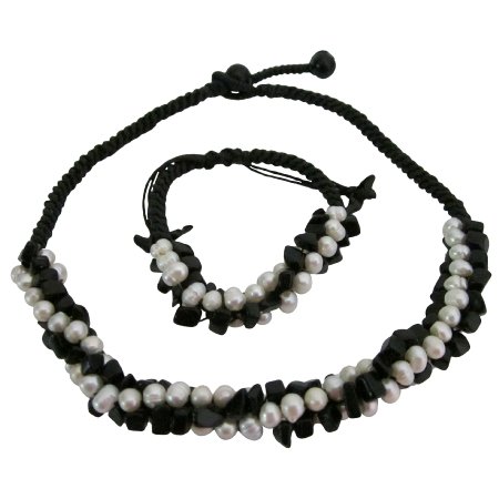 NS1081 Bridal Bridesmaids Jewelry Onyx Freshwater Necklace Bracelet