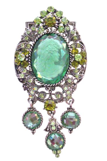 B373 Oxidized Framed Lady Cameo Brooch Sparkling Peridot Crystals Olivine Lady Cameo Photo