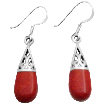 SER081 Coral Shell Teardrop Sterling Silver Filigree Earrings
