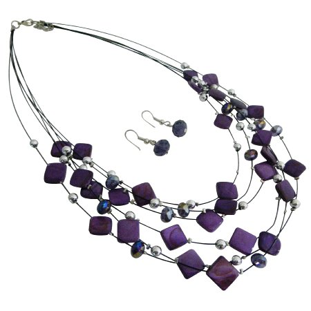 NS1012 Purple Sequare Beads Silver Beads Multi Strand Necklace Earrings Set Bridemaids Gift