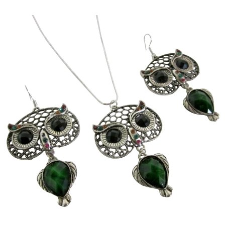 NS1128 Oxidized Owl Pendant Earrings Set Green Enamel Body Black Eyes