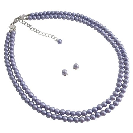 NS1109 Beautiful Luster Glass Pearls Purple Double Stranded Necklace Stud Earrings Set