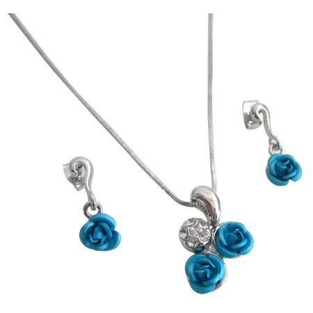 UNS085 Christmas Gift Idea With Gift Box Turquoise Rose Diamante Pendant Set