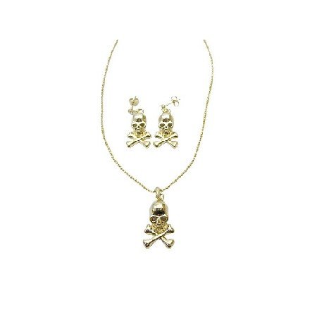 Halloween Gold Skull Head Pendant Surgical Post Earrings Jewelry Set