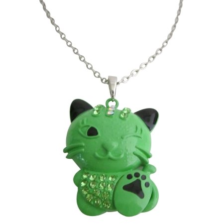 Cute Cat Pendant Necklace Green Cat Pendant