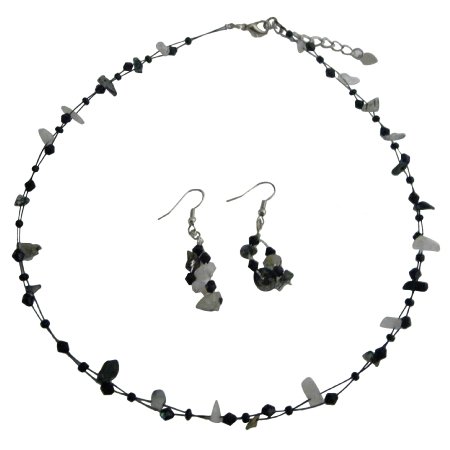 Jet And Opal Nuggets Stone Necklace Earrings Set
