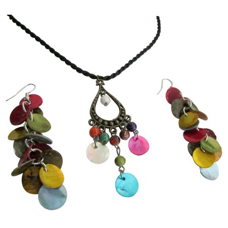 Multicolor Shell Dangling Pendant & Earrings Set Budget Jewelry
