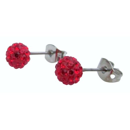Women Earrings Red Pave Ball Stud Earrings