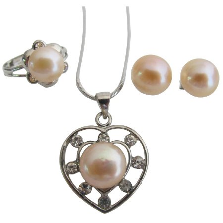Freshwater Peach Pearls Heart Pendant Necklace Stud Earrings & Ring