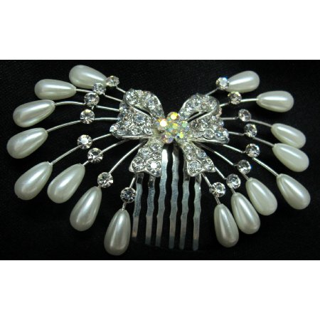 Sparkling Hair Comb Vintage Bow With Teardrop Pearls