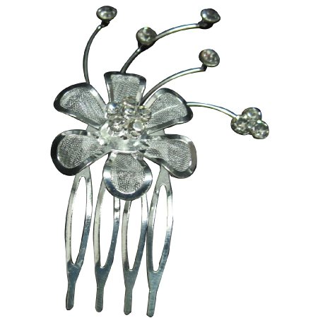 Silver Plated Net Flower Rhinestone Hair Tiara Comb