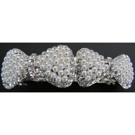 Gorgeous Double Bow Barrette Cream Pearls Rhinestone Prom Hair Barrette