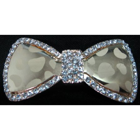 Gold Glass Hair Bow Barrette W/ Sparkling Rhinestones Hair Clip
