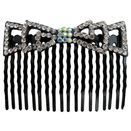 Vintage Prom Hair Accessory Bow Shaped Comb Barrette In Clear Crystals