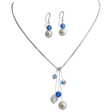 Tinkerbell Necklace Earrings AB Sapphire Crystals Ivory Pearls