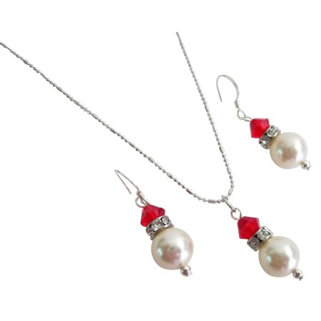 Gorgeous Handmade Gift Ivory Pearls Red Crystal Necklace Earrings Set
