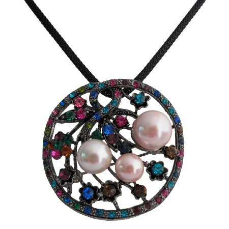 Floral Round Pendant With Muli Colored Crystals Necklace