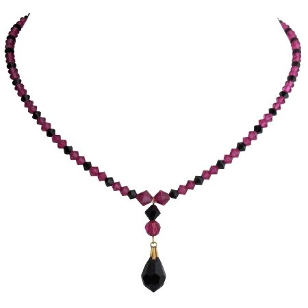N1070 Swarovski Fuchsia Crystals Necklace With Jet Crystal Teardrop