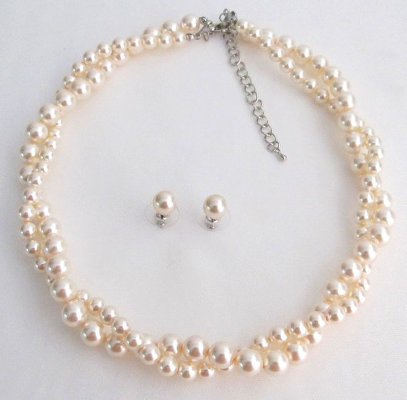 BRD1225 Ivory Pearls Twisted Necklace Stud Earrings Swarovski Elegant Pearls Perfect Bridal Jewelry