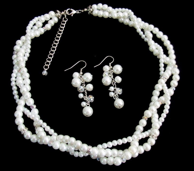 NS1327 Bridal Enchanting Set White Pearls Bridal Twisted Necklace Set Silver Rhinestones