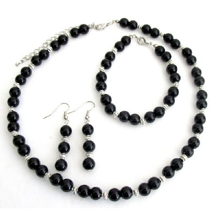 NS1350 Alluring Jewelry Black Pearls And Silver Spacer Wedding Jewelry Set