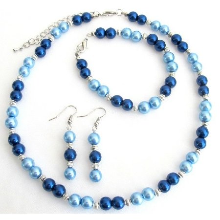 NS1352 Lite Blue Dark Blue Pearl Jewelry Set With Silver Spacer Gorgeous Complete Wedding Set