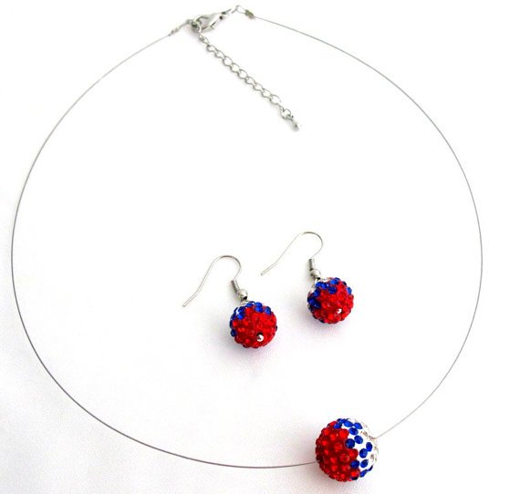 NS1340 American Nation Flag Pave Ball Pendant Earrings Set