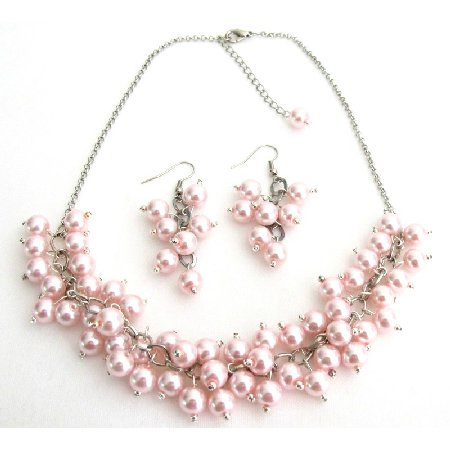 NS1326 Soft Pink Pearl Chunky Beaded Necklace With Earring Bridal Gift