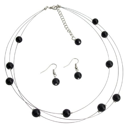 NS1279 Gorgeous Black Pearls Floating Three Stranded Necklace Wedding Jewelry