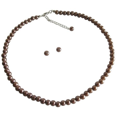 UNS149 Necklace with Stud Earrings In Bronze Pearls Small Girls Jewelry