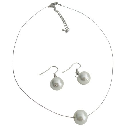 UNS160 Impressive White Single Pearl Lovely Necklcae Earrings Set
