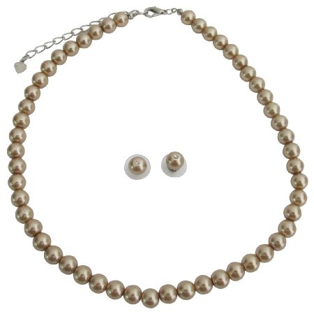 NS1260 Junior Bridesmaid Bronze Pearl Necklace Stud Earrings Bridesmaid Set